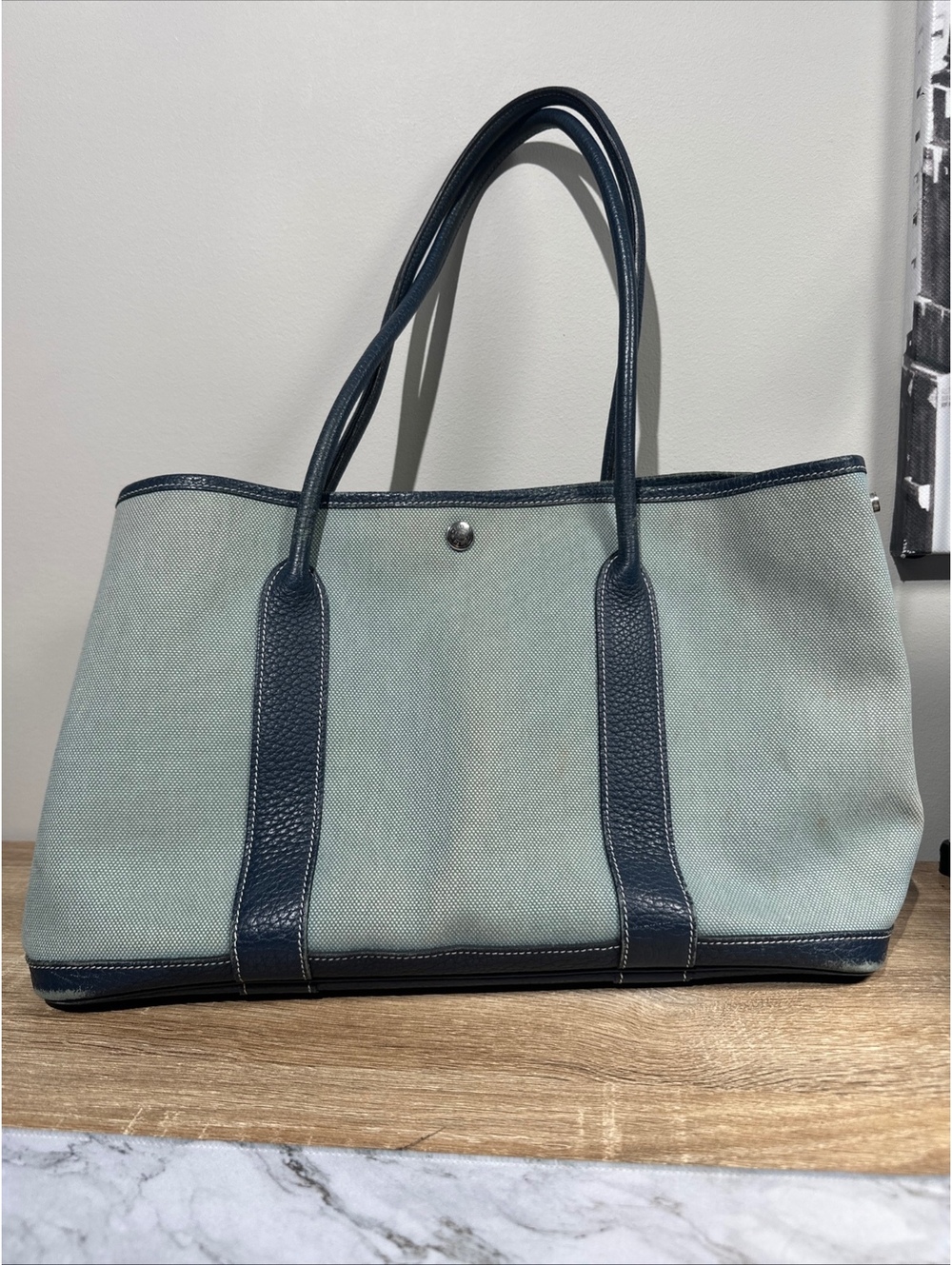 Hermès Garden Party 36 Tote 2011 Toile Canvas Navy Leather Light Blue Silver HW